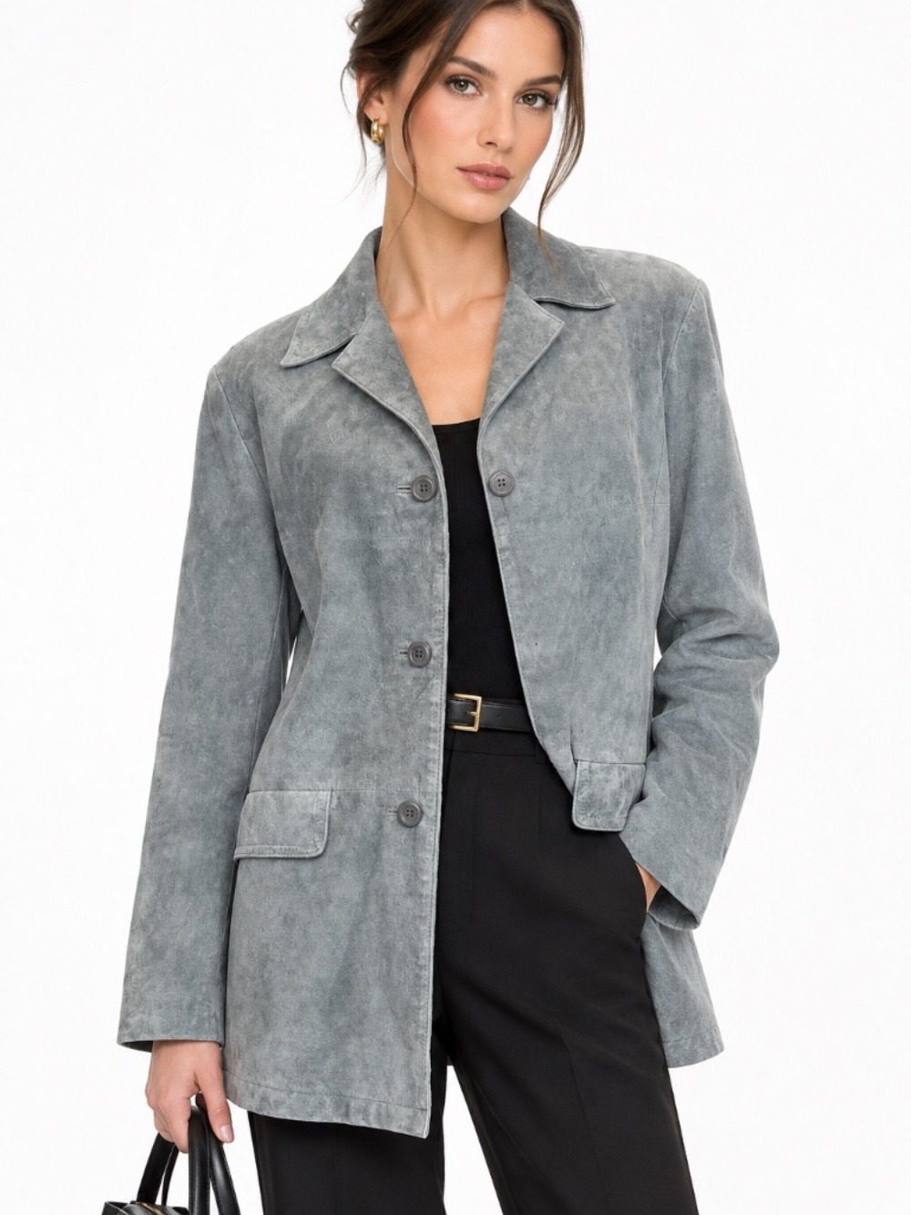 VTG Jessica Holbrook Slate Suede Leather Jacket Blazer Vintage 90s Chore Coat L